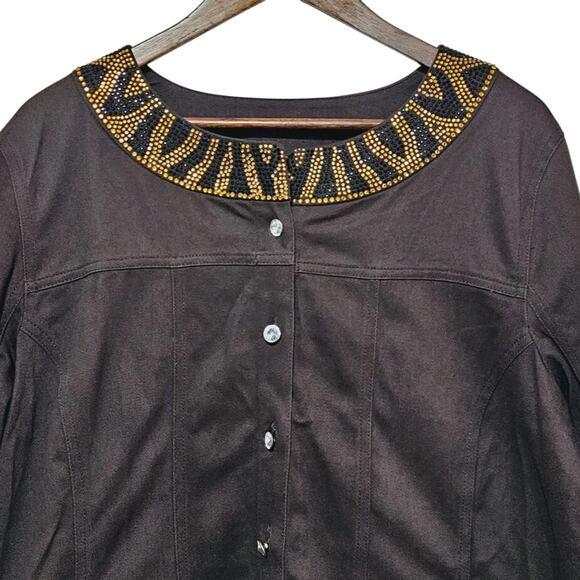 The Quacker Factory Brown Denim Jacket Size XL Animal Print Embellished Pockets - Picture 3 of 9